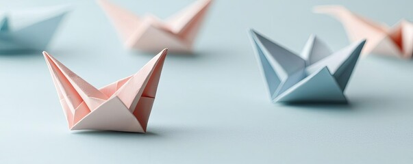 Obraz premium Colorful origami cranes on a light blue background, showcasing intricate paper art.