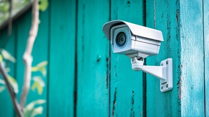A security camera mounted on a turquoise wall, monitoring the surroundings for safety and surveillance.