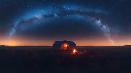 Camping Tent Under a Clear Starry Sky in a Remote Wilderness with Soft Campfire Glow
