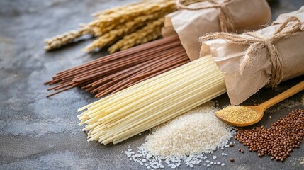 Vivid Photorealistic Image of Delicious Gluten-Free Noodles on a Rustic Wooden Table Background