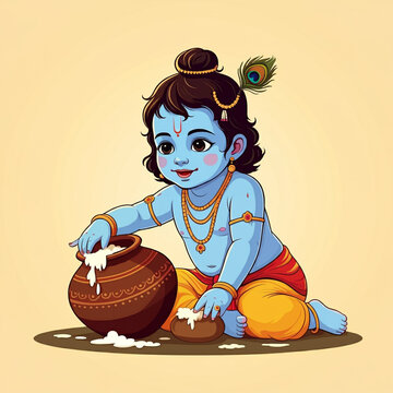 Little Krishna mischievously stealing butter, an endearing depiction of his childhood known for his playful and loving nature in Hindu mythology