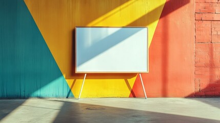 A minimalist empty whiteboard positioned against a vibrant wall in a creative studio