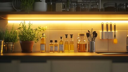 Contemporary kitchen corner with bright task lighting, carefully arranged oils, cooking spoons, and a metal rack for utensils, bringing a sleek and functional look to the space. --ar 16:9