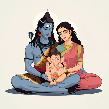 Lord Shiva with Parvati and baby Ganesha, a representation of family harmony and love