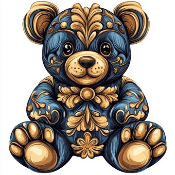 Art Nouveau style teddy bear, elegant curves, isolated on white background.