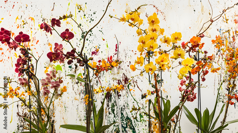 Aufkleber A vibrant array of orchids in various colors, set against a splattered paint background, creating a lively and artistic floral display.