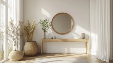 A minimalist entryway with clean lines, a simple console table, and a mirror