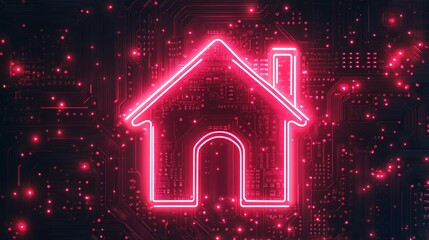 A glowing pink house icon on a dark, circuit-like background, symbolizing technology and home integration.