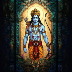 Obraz premium Radiant Lord Rama stands poised with his bow, a symbol of strength, virtue, and devotion in Hindu culture