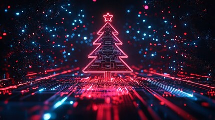 A glowing neon Christmas tree surrounded by vibrant digital lights, creating a festive and modern holiday atmosphere.