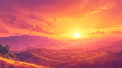A breathtaking sunset view over rolling hills, with vibrant orange