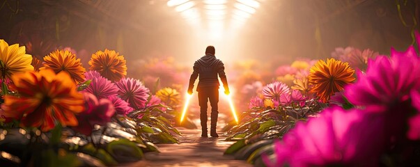 Person standing amidst vibrant flowers with sunlight streaming through the garden.