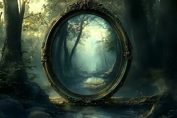 Enchanted Mirror Reflecting Ancient Mystical Landscape