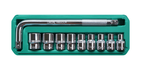 Chrome vanadium socket wrench set on transparent background