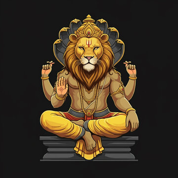 Narasimha, depicted in a meditative pose, combining the ferocity of a lion with a serene expression of peace