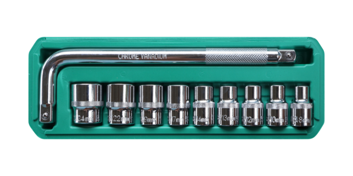 Chrome vanadium socket wrench set on transparent background