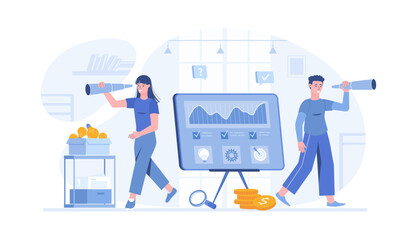 Business vision concept. People looking opportunities, successful strategy, new business ideas. Vector illustration with characters in flat design for web banner.	
