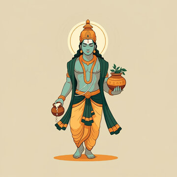 An illustration of Lord Dhanvantari, the god of medicine and health in Hindu mythology. Known for his healing powers, Dhanvantari is often worshipped for health and wellness blessings.