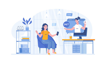 Virtual assistant. Customer support, call center. Operator consults client and answers questions. Vector illustration with characters in flat design for web banner.	
