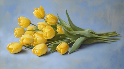 Obraz premium Yellow Tulips on Soft Blue Background