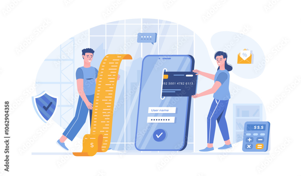 Wall mural online payment via mobile application. bank account app. pay bills and services online. vector illus
