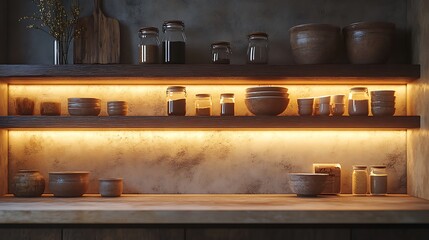 Elegant dark kitchen corner with under-shelf lighting highlighting ceramic jars and polished wooden shelves, minimalist setup with soft shadows for a sophisticated look. --ar 16:9