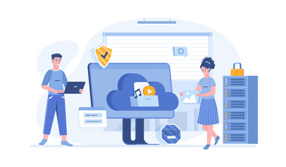 Cloud computing, storage concept. Technology file upload, backup on cloud server. Vector illustration with characters in flat design for web banner.	
