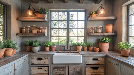 Elegant farmhouse kitchen corner with antique sconce lighting, weathered wooden crates filled with ceramic pots and small plants, neatly arranged for a touch of rustic charm. --ar 16:9
