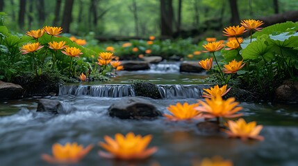 Fototapeta premium A small creek flows through a lush forest, with orange flowers blooming on the banks.