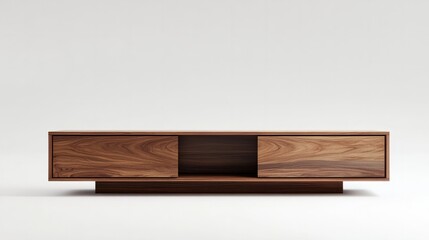A minimalist TV console with sleek lines and hidden storage for electronics