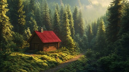 A serene forest scene featuring a rustic cabin surrounded by tall trees and a lush pathway, illuminated by soft sunlight filtering through the foliage.