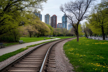 Fototapeta premium Lively Path Through a Bustling City Park: Urban Escape into Nature's Arms