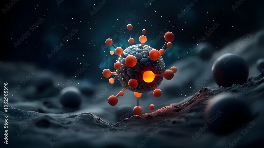 Poster a glowing spherical molecule that morphs and shifts in response to its dynamic environment creating 