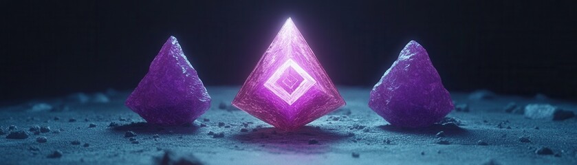 Obraz premium A captivating arrangement of glowing purple crystals emitting a mystical light, set against a dark background.