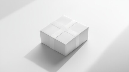 Fototapeta premium A minimalist white gift box with subtle shadows, perfectly centered on a clean white surface 