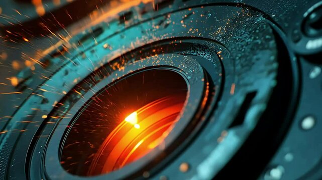 A close-up view of a camera lens, featuring vibrant orange and blue tones with light reflections, creating a dynamic and artistic representation of photography elements.