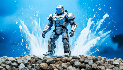 Fototapeta premium Abstract astronaut, alien, robot in armored spacesuit in action. Starship troopers, star wars, space exploration, space science