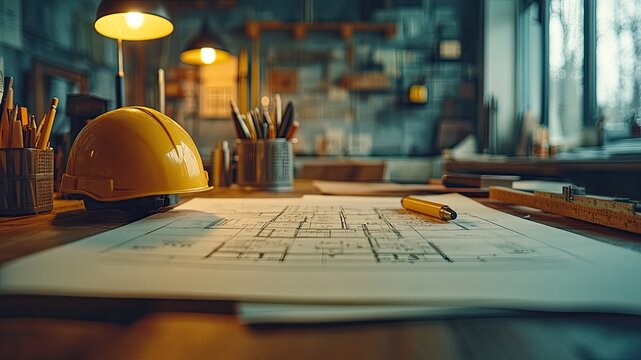 Architectural blueprint floor plan on a table with a yellow helmet and pencil, ideal for construction, engineering, and design project presentations.
