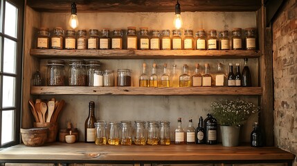 Farmhouse kitchen corner with warm task lighting above, organized glass jars of oils, wooden spoons, and rustic decor for a cozy, inviting setup. --ar 16:9
