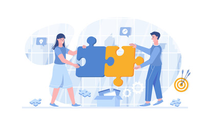 Partnership Teamwork Brainstorming Meeting concept. Business team connecting pieces of puzzles. Vector illustration with characters in flat design for web banner.	

