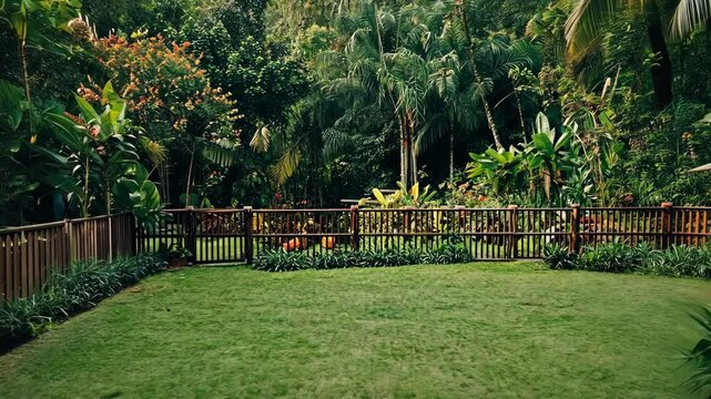 A lush green lawn surrounded by a wooden fence and a vibrant tropical garden