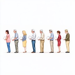 Fototapeta premium A diverse group of people standing in line, each holding a document.