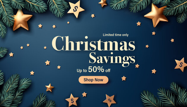 Festive Christmas promotion banner featuring a navy-blue background adorned with golden stars and green pine branches. Ideal for Christmas promotions, Online or social media marketing.