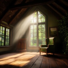 Obraz premium A serene interior with sunlight streaming through large windows, showcasing a cozy atmosphere and nature outside.