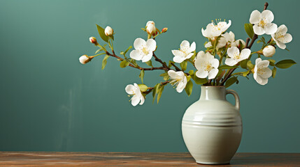 Soft home decor, white jug, vase with white small flowers on a white vintage wall background and on a wooden shelf. Interior.