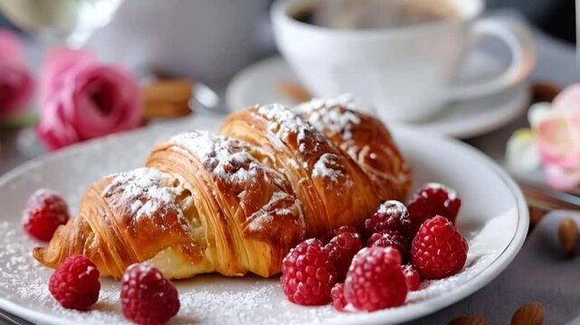 Elegant Breakfast Scene with Croissant and Fresh Raspberries and a brewed cup of aromatic coffee