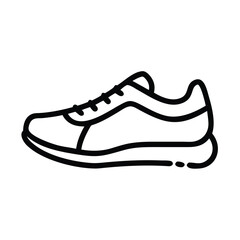 Running shoe outline icon in black and white, Simple black and white outline icon of a running shoe, representing fitness, sports, and active lifestyle, isolated on a white background.