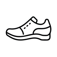 Running shoe outline icon in black and white, Simple black and white outline icon of a running shoe, representing fitness, sports, and active lifestyle, isolated on a white background.