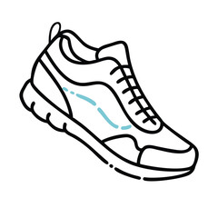 Running shoe outline icon in black and white, Simple black and white outline icon of a running shoe, representing fitness, sports, and active lifestyle, isolated on a white background.