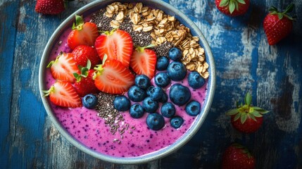 A colorful smoothie bowl filled with blended fruit and topped
